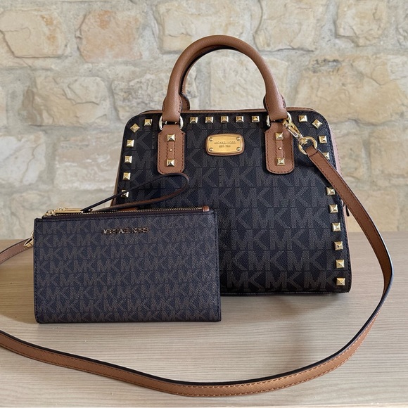 Michael kors Sandrine studded small satchel&wallet set NWT signature Authentic - Picture 1 of 11